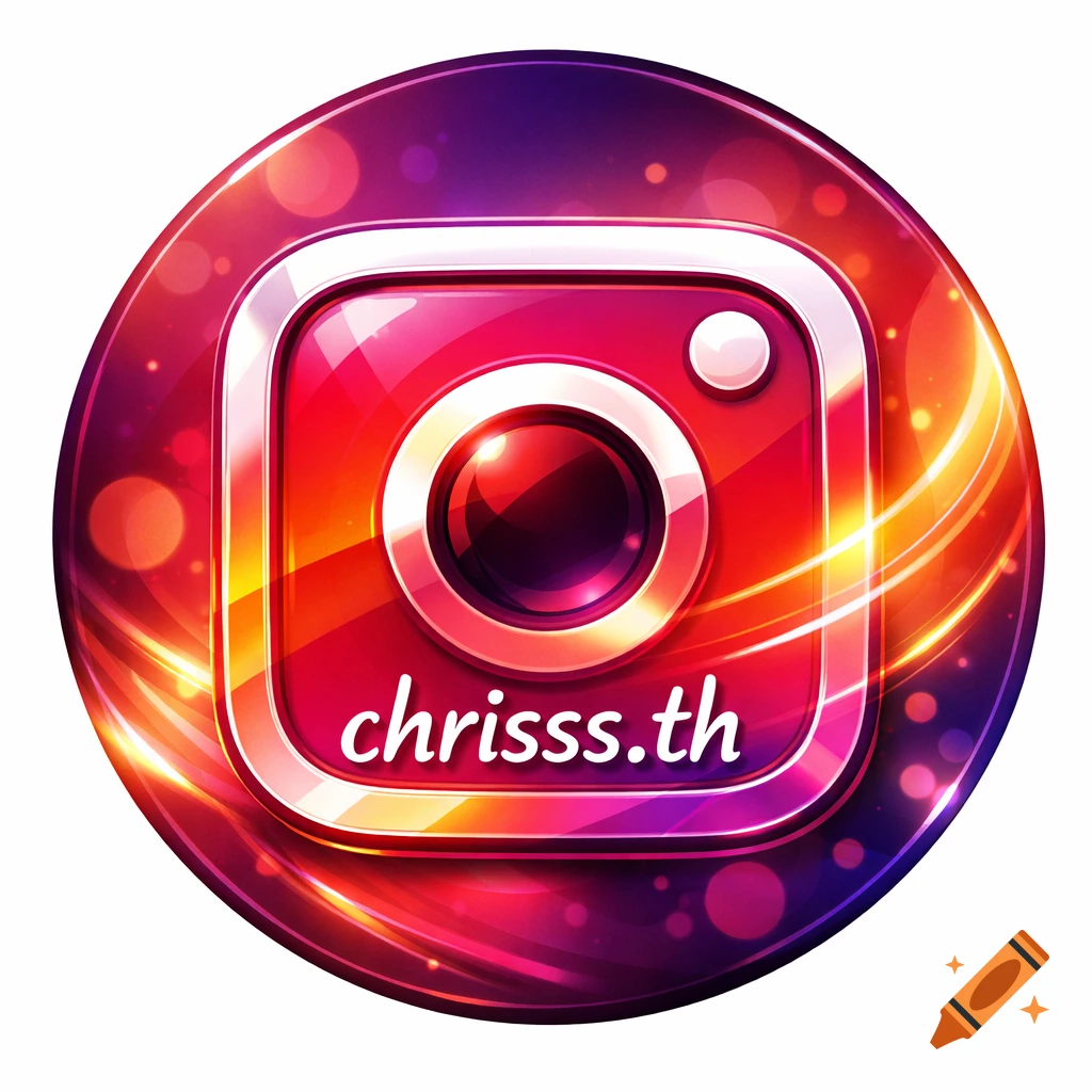 A vibrant, glossy, round Instagram logo featuring the username 'chrisss.th' on a glowing red and purple background.