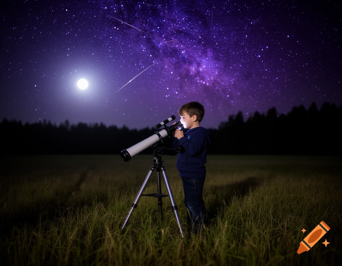 A young boy looks through a telescope at a bright moon and the Milky Way galaxy in a dark field at night.