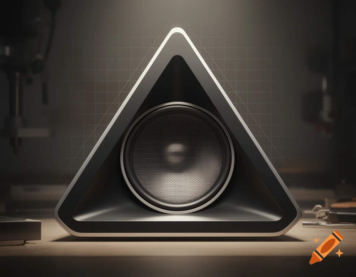A modern, sleek triangular speaker with a central circular speaker cone, set against a dark background with subtle grid lines.
