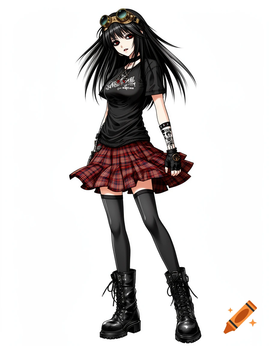 An anime girl with long black hair, steampunk goggles, a black t-shirt, plaid skirt, thigh-high socks, and combat boots.