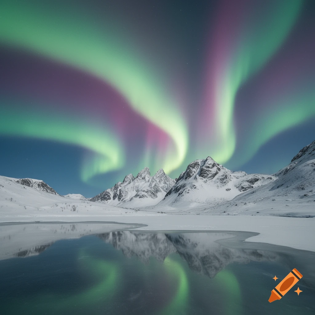 Green and pink aurora borealis swirls over snow-capped mountains and a partially frozen lake, reflecting the lights.