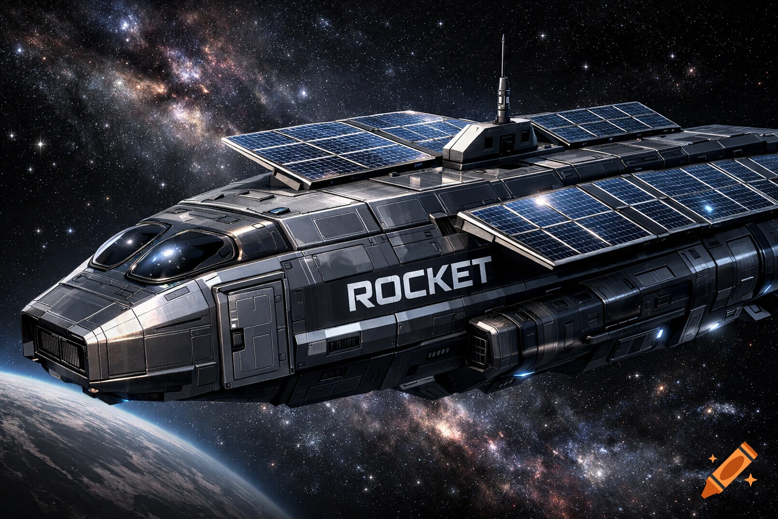 A futuristic grey spaceship with solar panels and "ROCKET" text flies above a planet in a starry galaxy.
