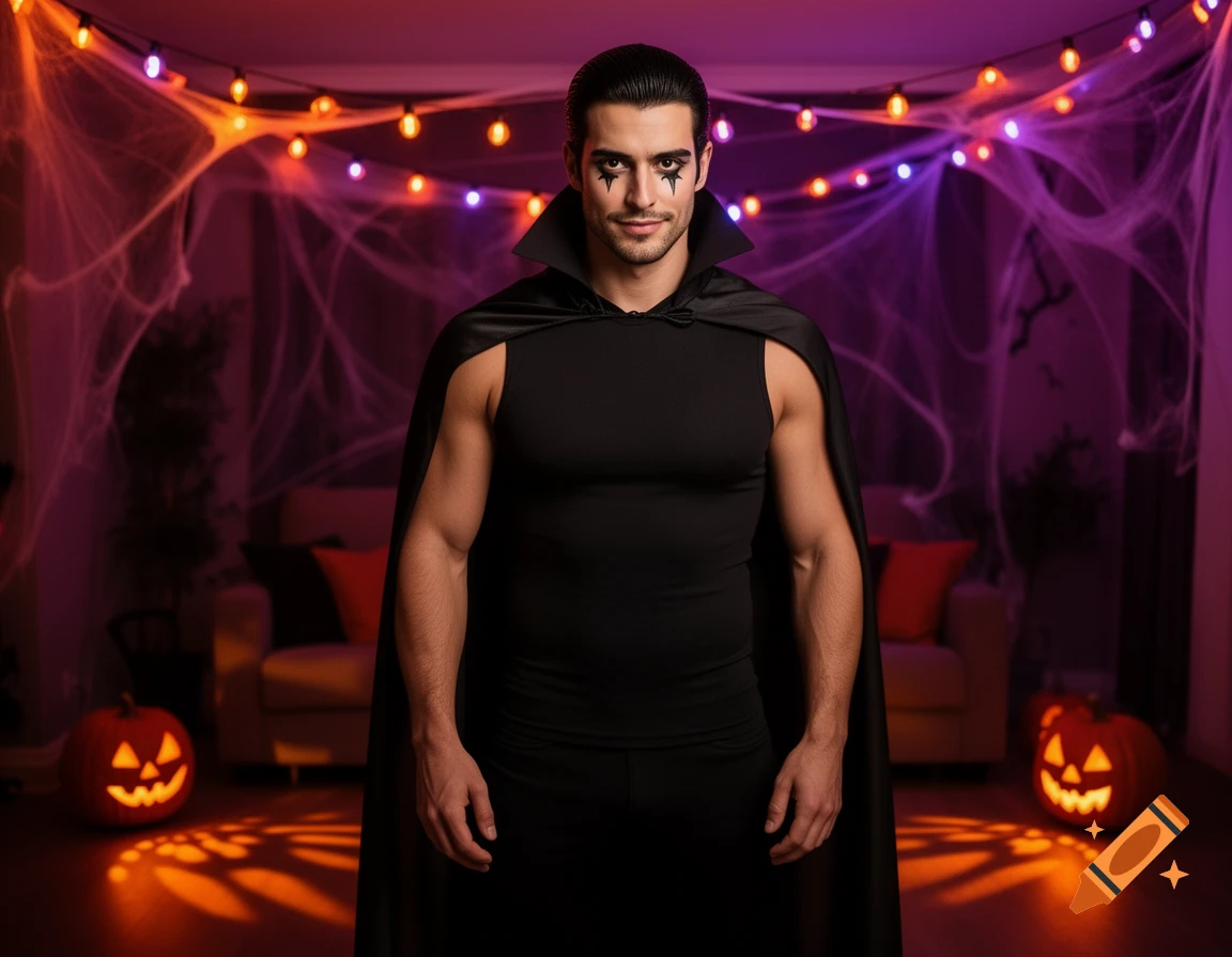 A man in a black vampire costume with face paint stands in a Halloween-decorated room with string lights and jack-o'-lanterns.