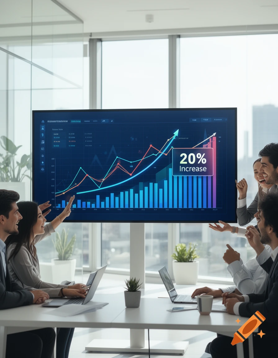 A diverse group of business professionals gathered around a table, enthusiastically looking at a large screen displaying a data chart with an upward trend and a '20% Increase' label.