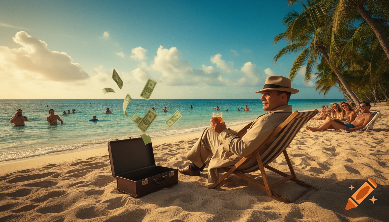 A man in a fedora and trench coat relaxes on a tropical beach with money fluttering from an open briefcase.