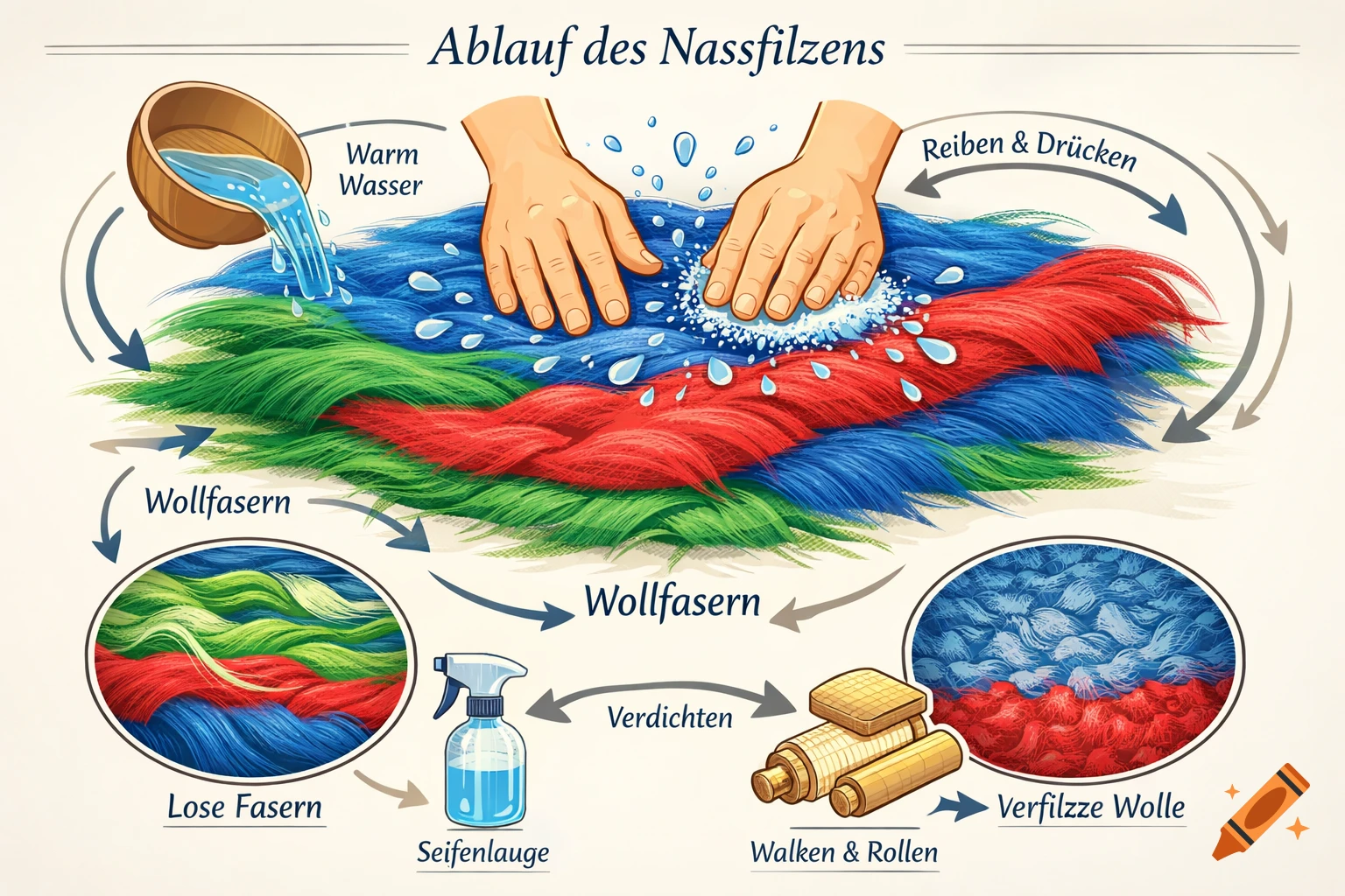 Illustrated diagram of the wet felting process, showing hands working with colorful wool fibers, water, and tools.