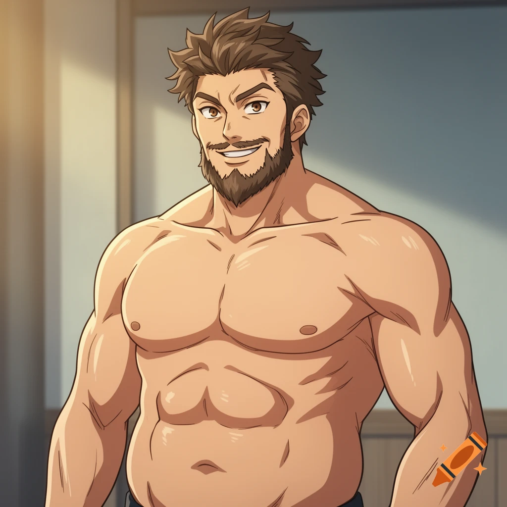 Anime style illustration of a muscular, bearded man with a slightly chubby torso, smiling.