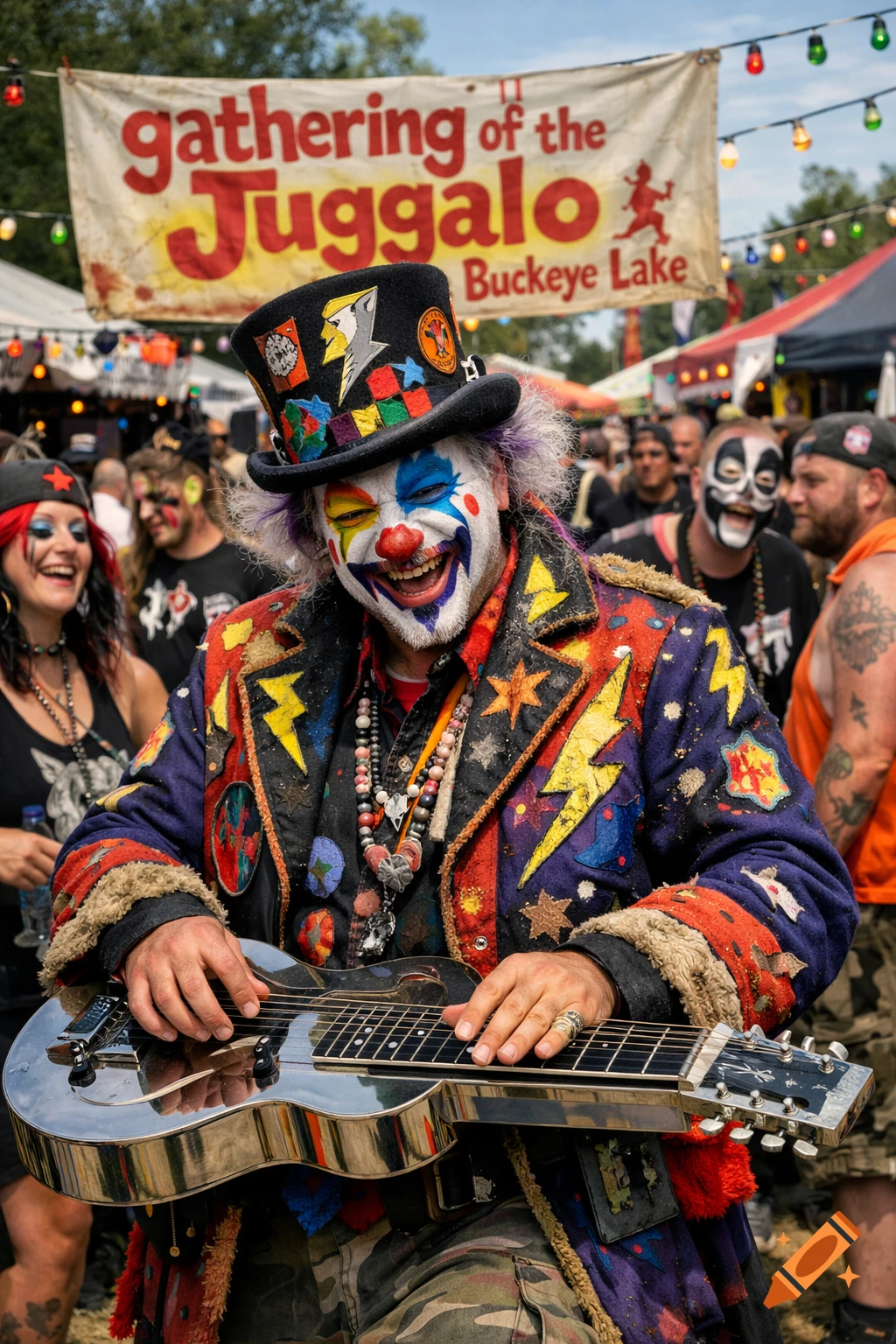 A person in full clown makeup and a top hat laughs joyfully while playing a slide guitar at a festival.