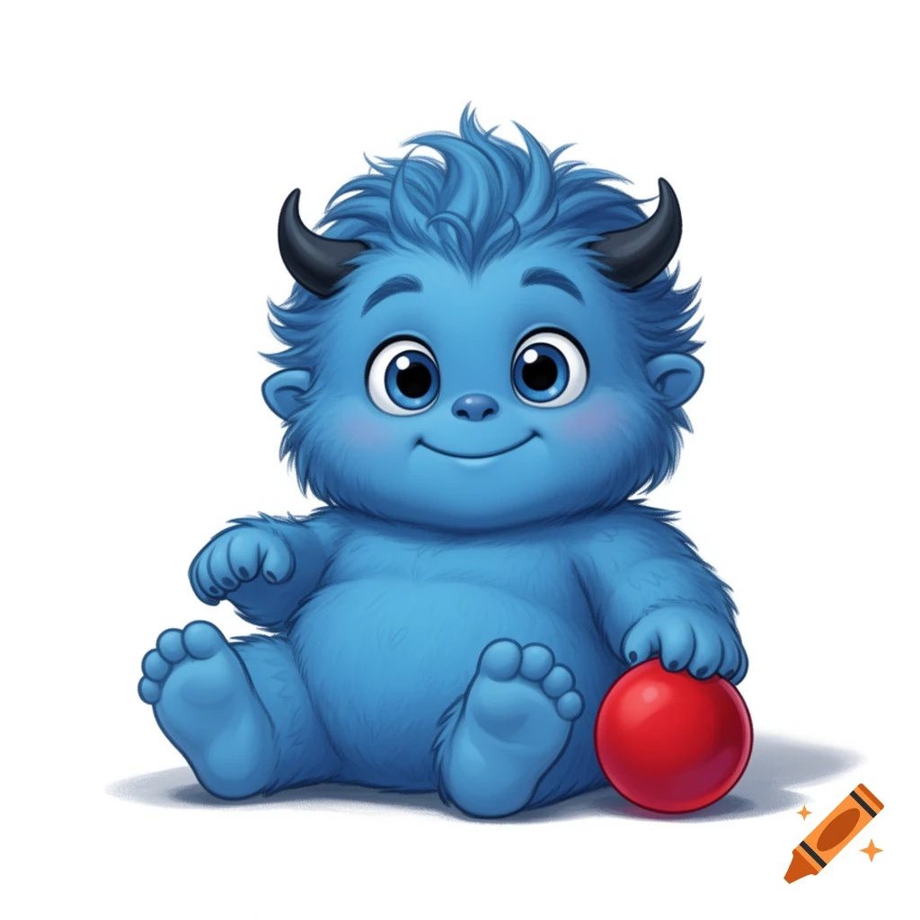 A cute, furry blue baby monster with horns and large eyes sits smiling next to a red ball.
