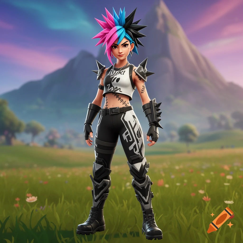 A stylized female character in a Fortnite aesthetic, with pink and blue spiked hair, a crop top, spiked shoulder pads, and patterned pants, stands in a grassy field with mountains in the background.