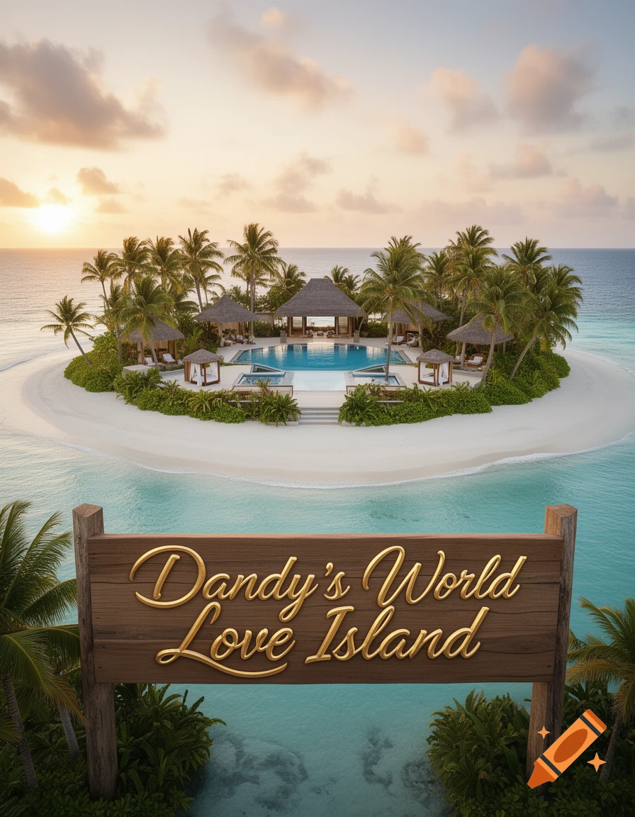 A photorealistic tropical island resort with a pool, palm trees, white sand, and a sign reading "Dandy's World Love Island".