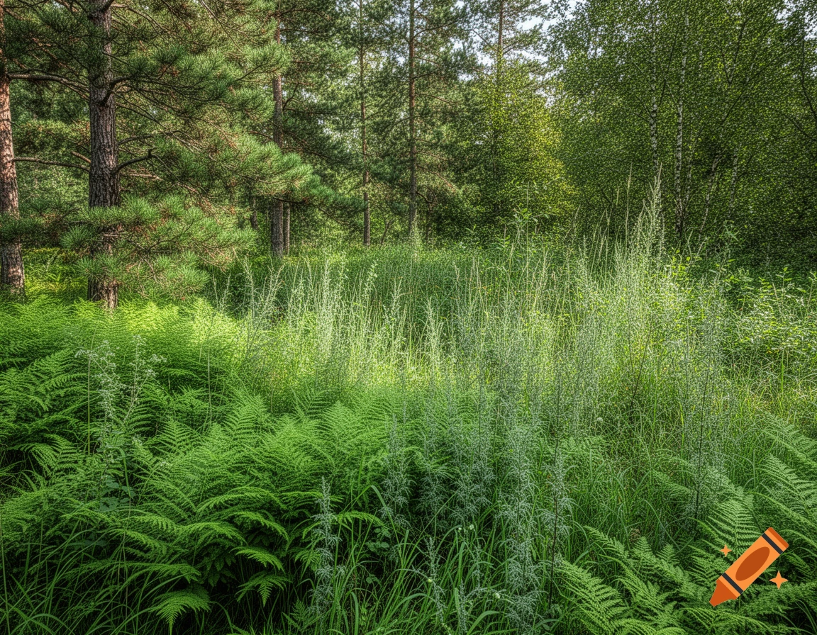 A dense forest floor covered in lush green ferns and tall grasses, with ...