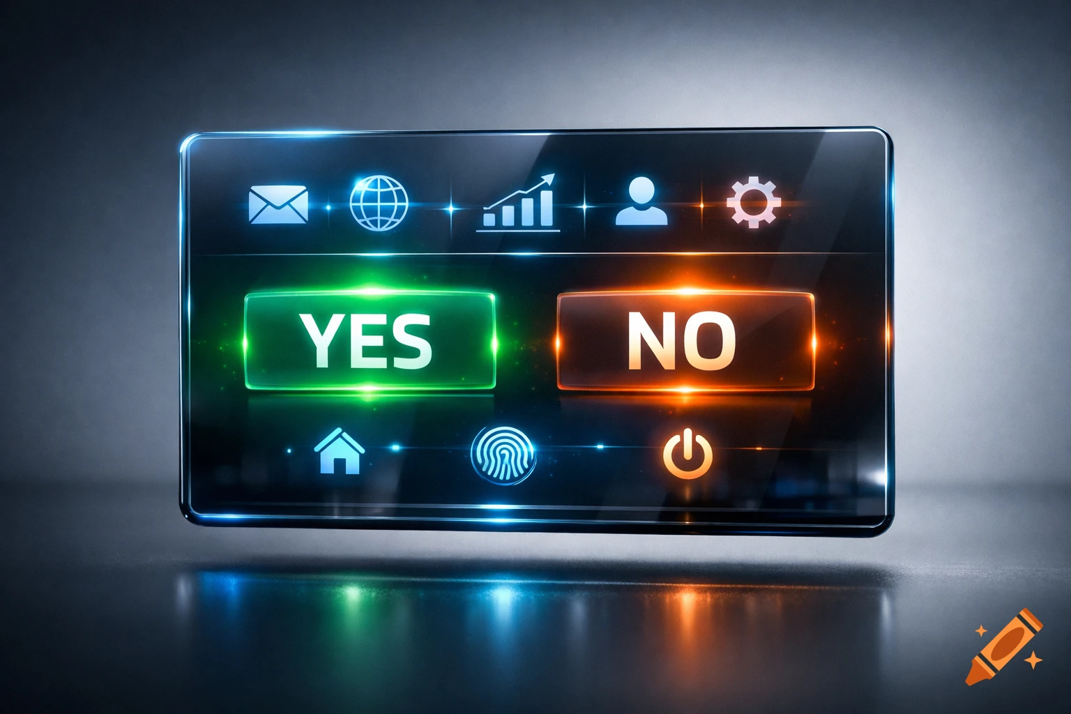 A futuristic, glowing glass touch screen displays prominent 'YES' and 'NO' buttons alongside various digital icons like a globe, graph, home, and power symbol, reflecting on a dark surface.