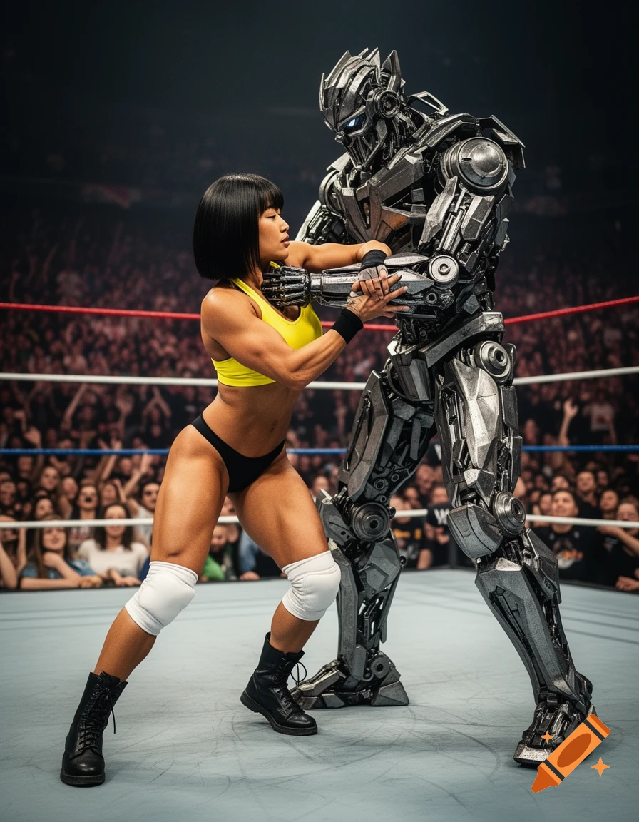A muscular female bodybuilder wrestler in a yellow sports bra and black bottoms grapples with a large grey robot in a wrestling ring.