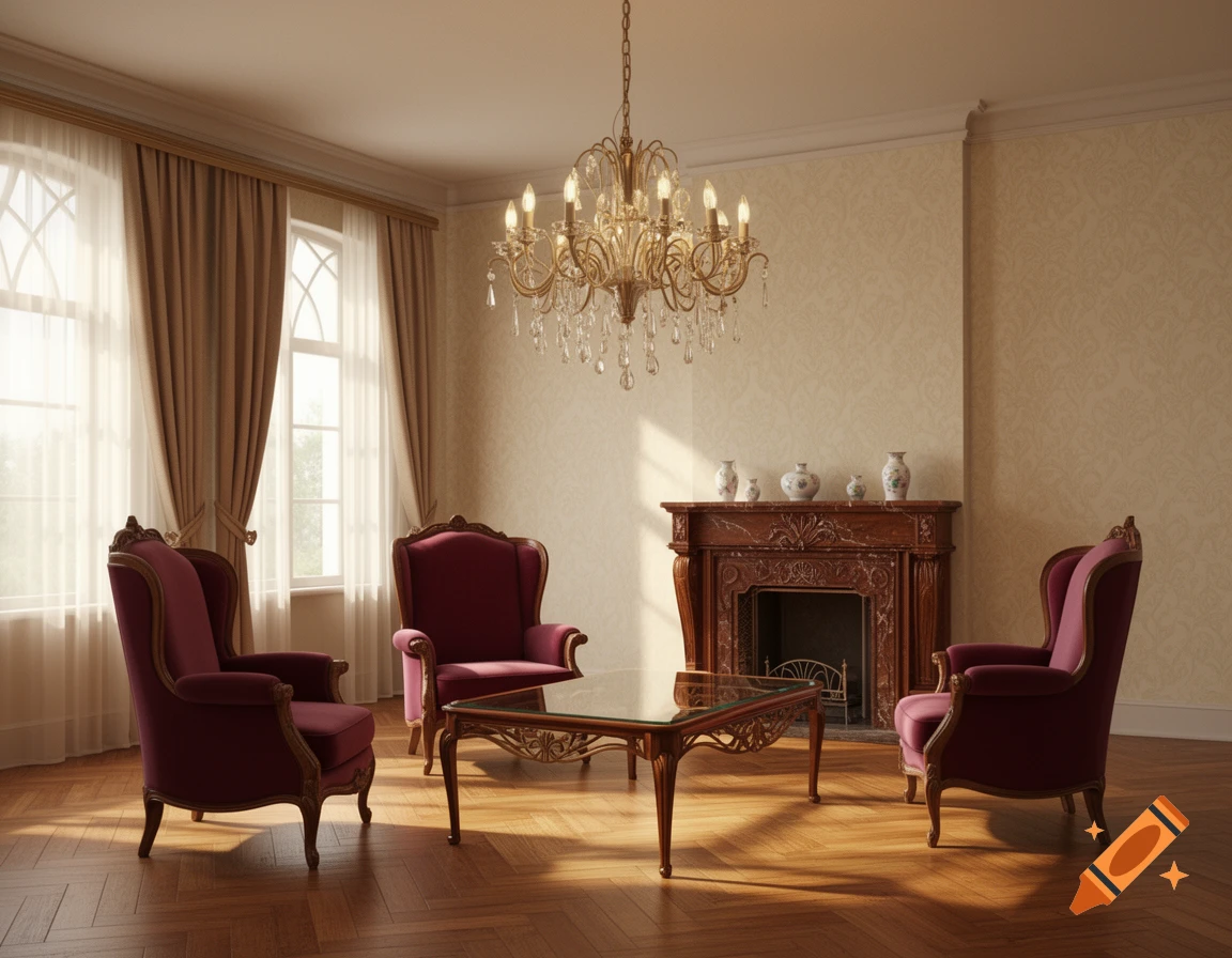 Elegant classical living room with three red armchairs, a glass coffee table, an ornate fireplace, and a crystal chandelier, illuminated by sunlight.