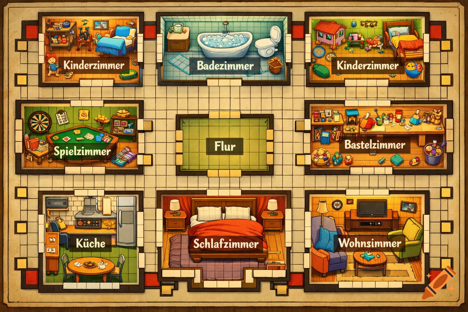 A top-down Cluedo-style board game map showing various rooms like Kinderzimmer, Badezimmer, Spielzimmer, Flur, Bastelzimmer, Küche, Schlafzimmer, and Wohnzimmer, all clearly labeled in German.