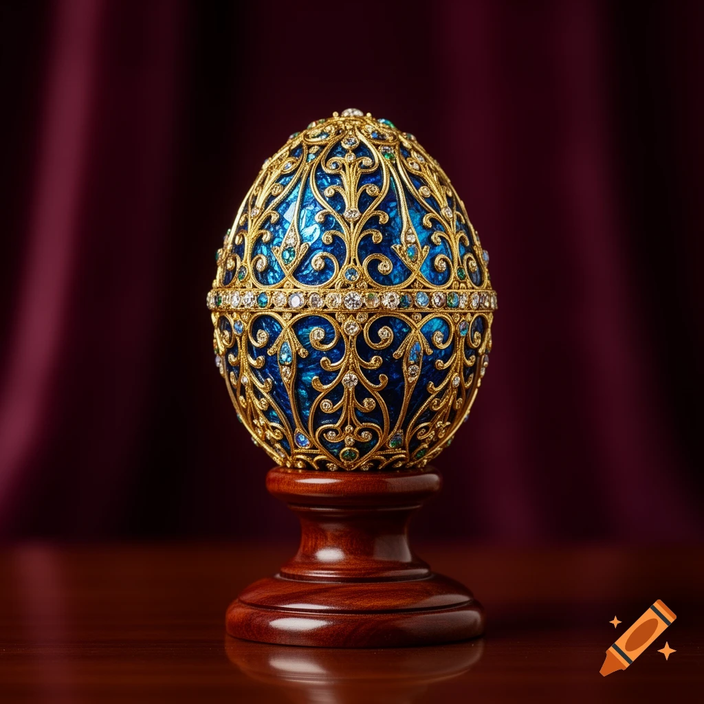 A photorealistic image of a highly ornate blue and gold Faberge egg, embellished with jewels and standing on a wooden base.