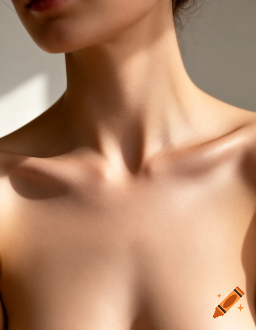 Close-up of a person's bare neck, collarbones, and upper chest with soft lighting.