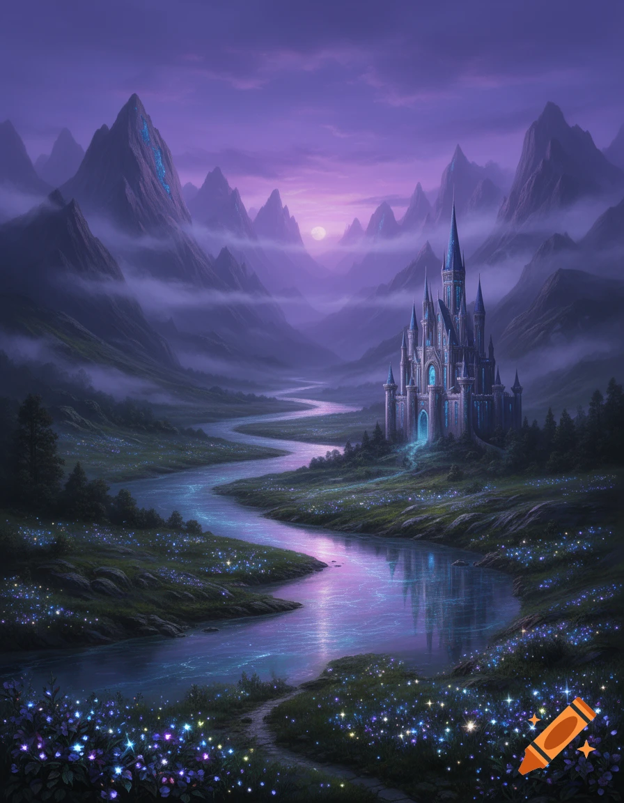A majestic fantasy castle sits in a misty valley with tall mountains, a ...