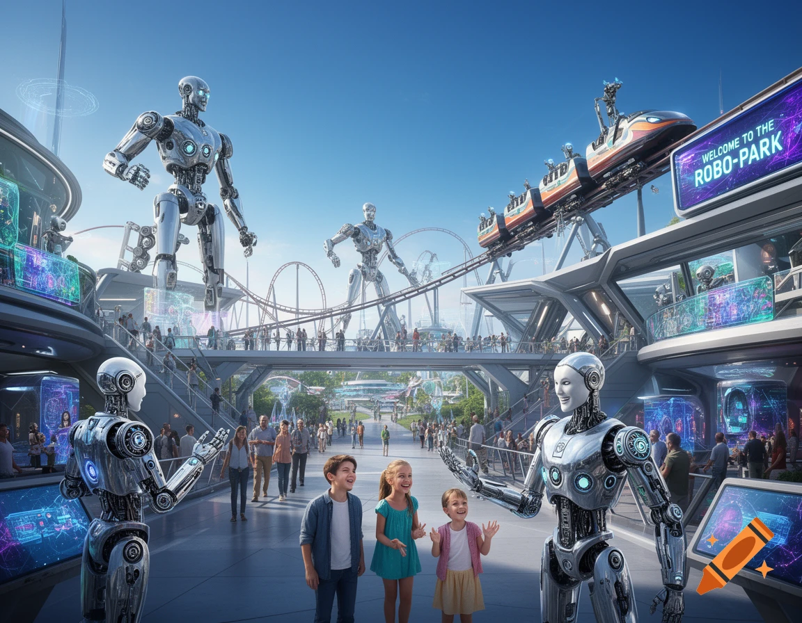 A vibrant, futuristic theme park with large and humanoid robots interacting with children and adults, with a roller coaster in the background.