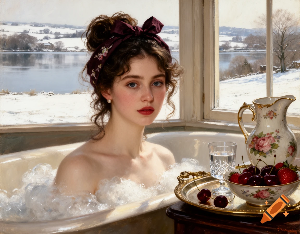 Oil painting of a young woman in a bubble bath by a window overlooking a snowy winter landscape, with a fruit tray.