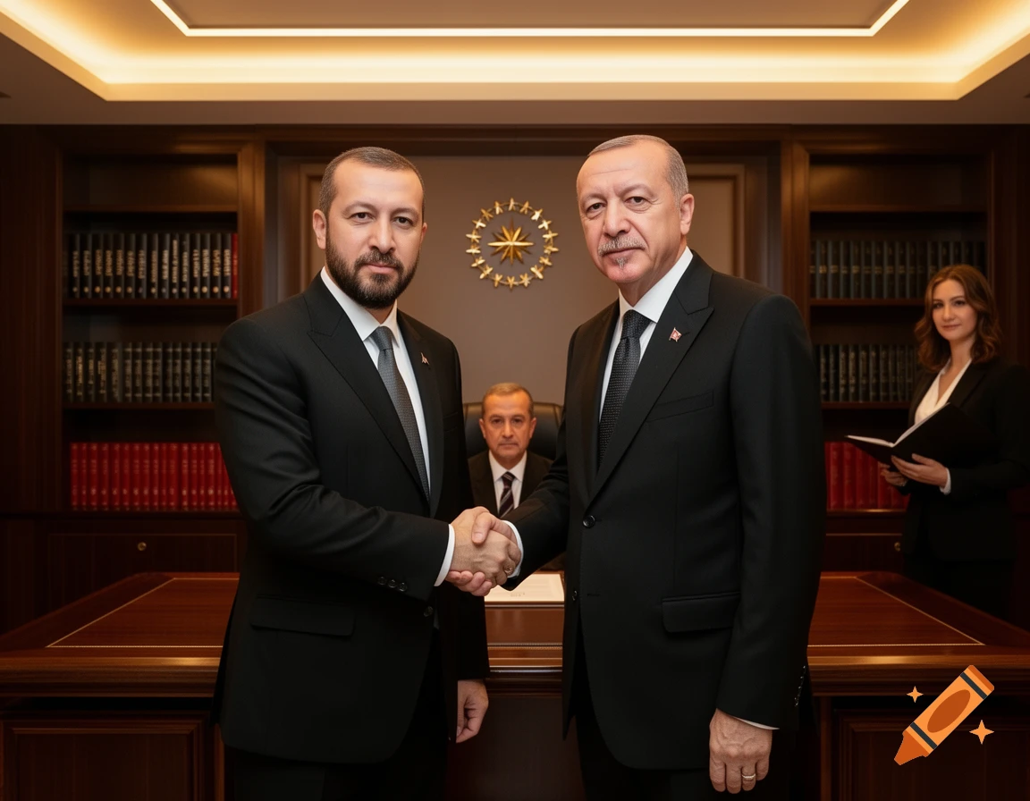 Two men in dark suits shake hands in a formal office with bookshelves, while two others are in the background. Photorealistic style.