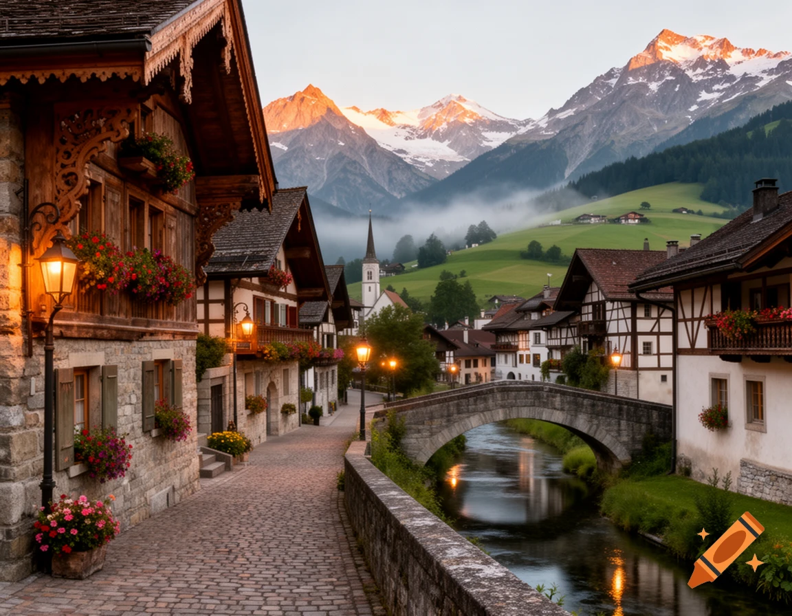 A charming old European village street with stone and timber houses, a river under a bridge, and snow-capped mountains in the background at sunrise.