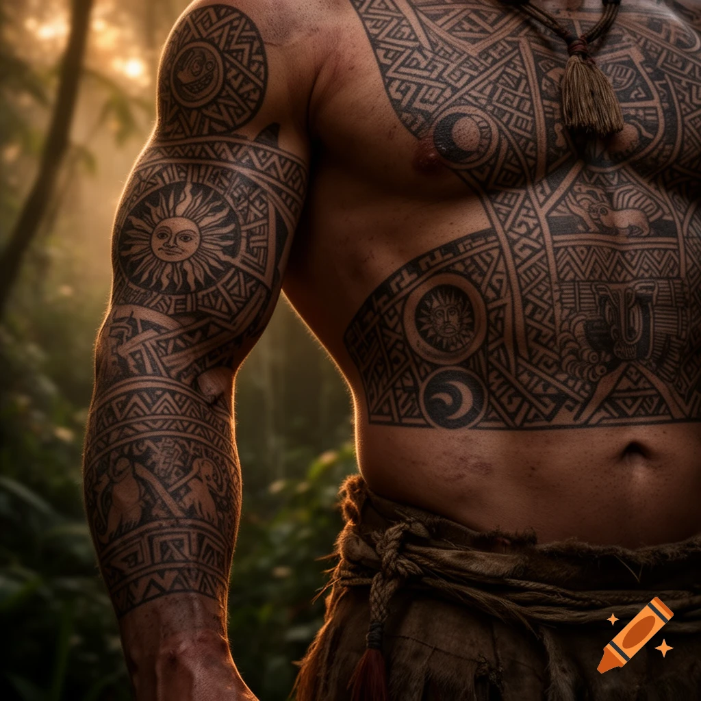 Close-up of a muscular man with intricate Muisca-inspired tattoos on his chest and arm, set in a lush jungle.
