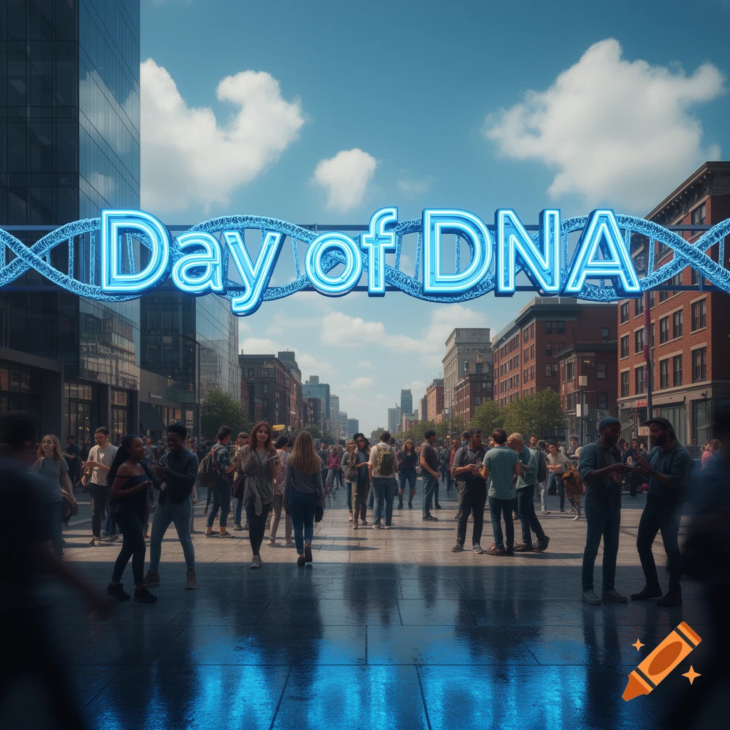 A large neon sign reading 'Day of DNA' stretches across a bustling city street filled with pedestrians under a blue sky.