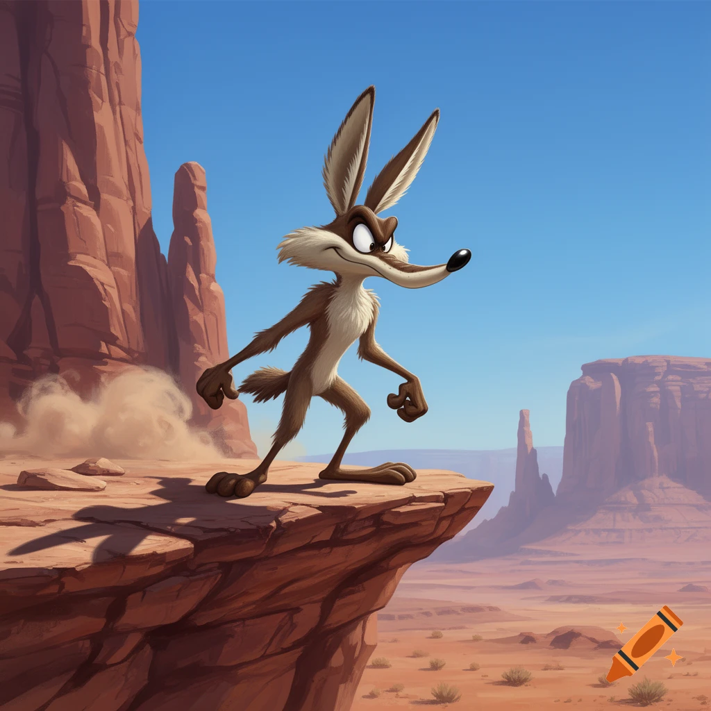 A cartoon Wile E. Coyote stands on a cliff overlooking a vast desert canyon under a clear blue sky.