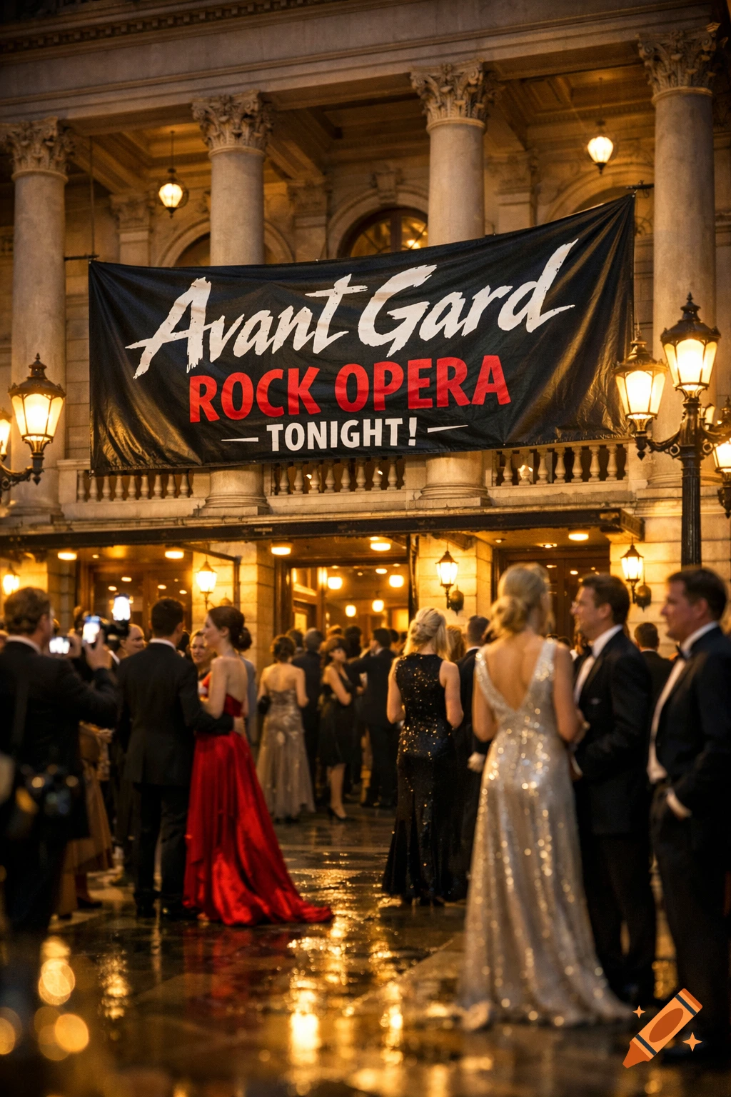 Photorealistic image of formally dressed people gathered outside a grand opera house at night, with a banner reading 'Avant Gard Rock Opera TONIGHT!'.