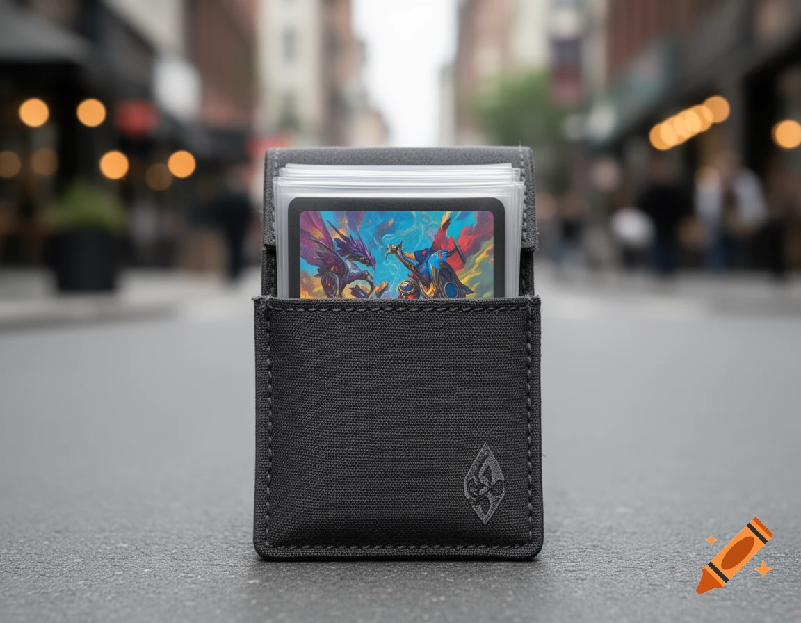 A dark gray trading card holder, containing colorful fantasy art cards, sits on a city sidewalk with a blurred street background.