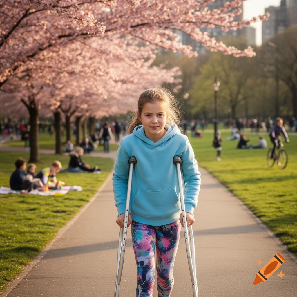 A young girl with crutches walks down a park path lined with pink cherry blossom trees on a sunny day.