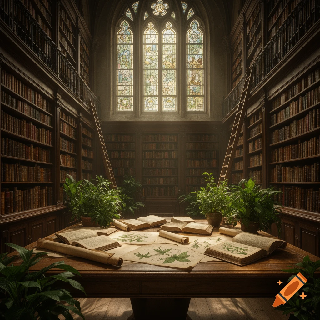 A grand library with towering bookshelves, a large stained-glass window, a wooden table with botanical drawings and open books, and lush green plants.
