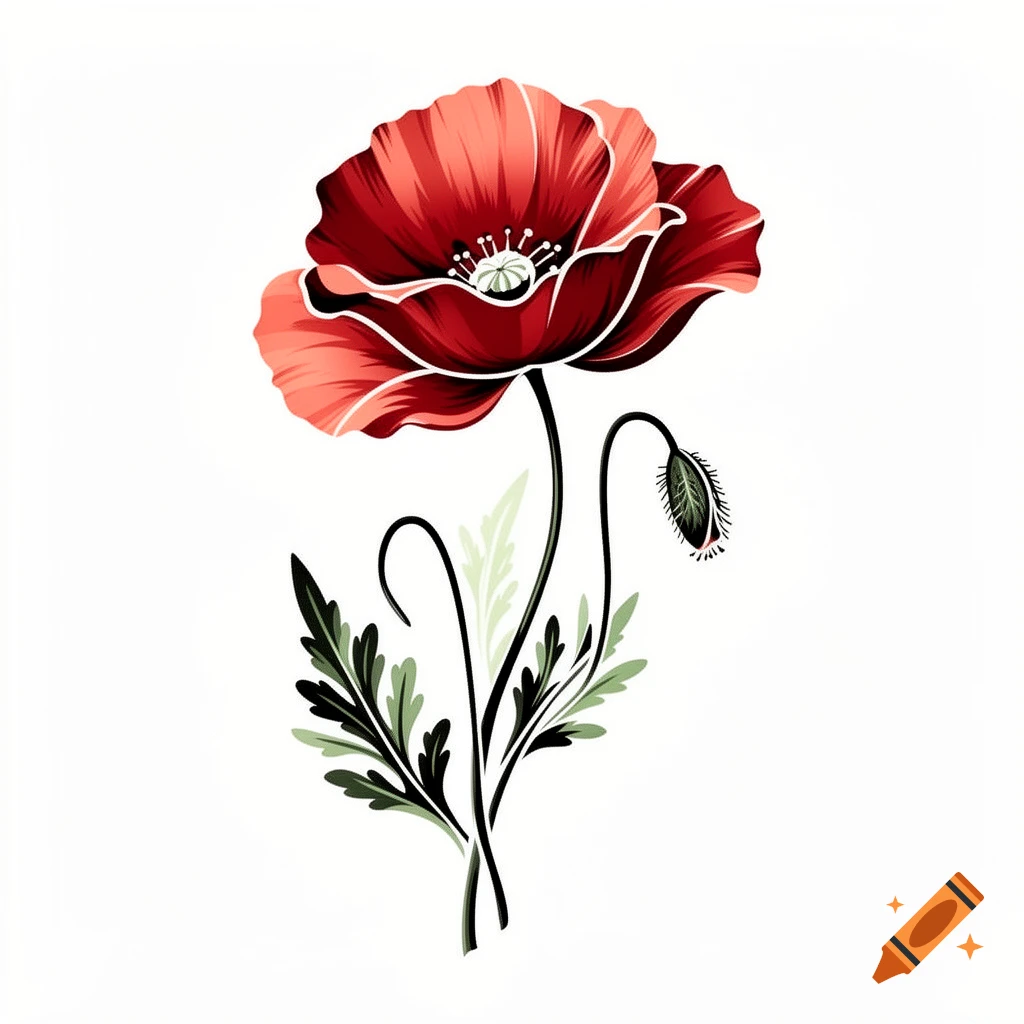 A stylized red poppy flower with green leaves and a closed bud, set against a white background.