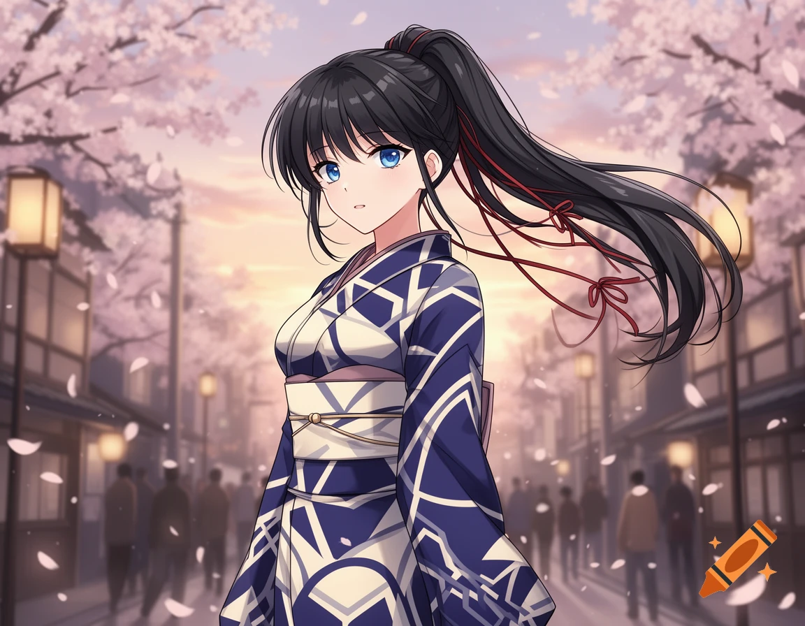 An anime girl with black hair in a ponytail wears a blue and white kimono, standing on a cherry blossom-lined street at sunset.