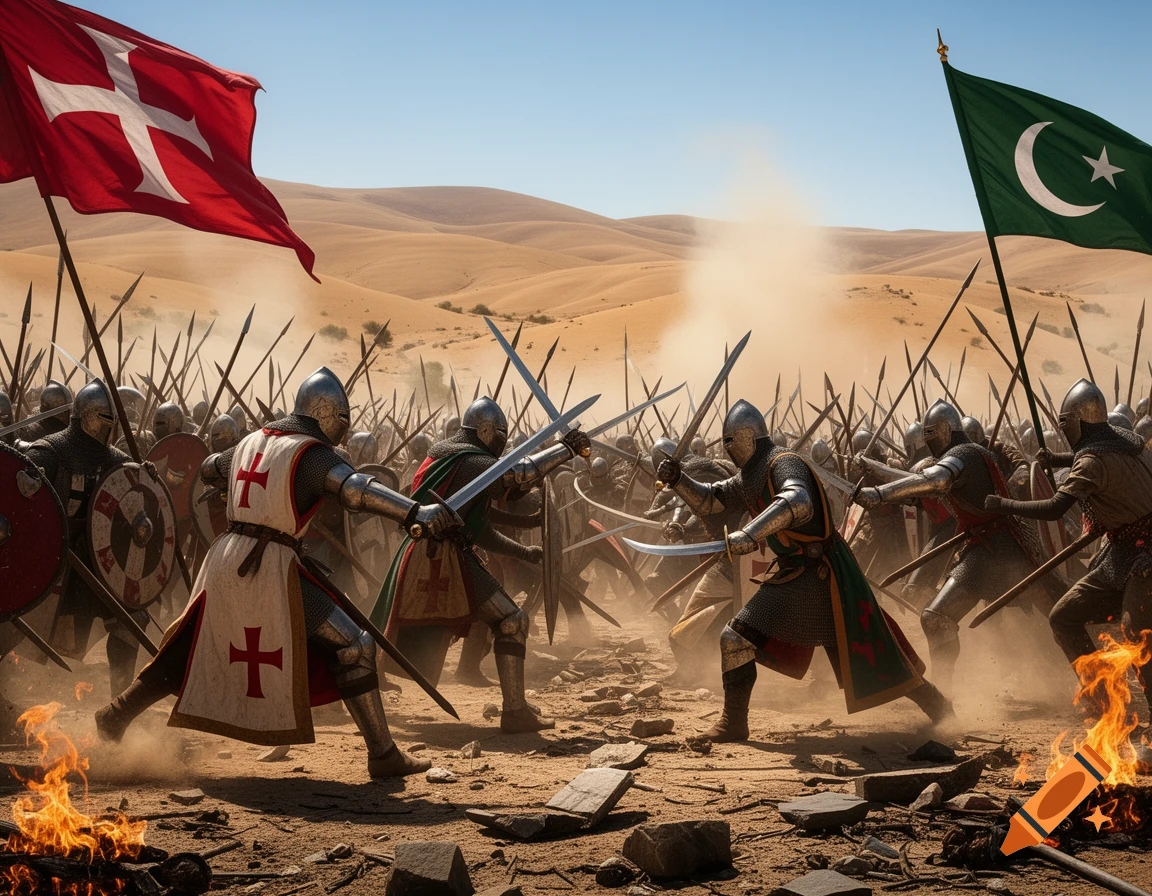 Christian crusaders with red cross flags battle Muslim warriors with green crescent flags in a dusty desert war scene.