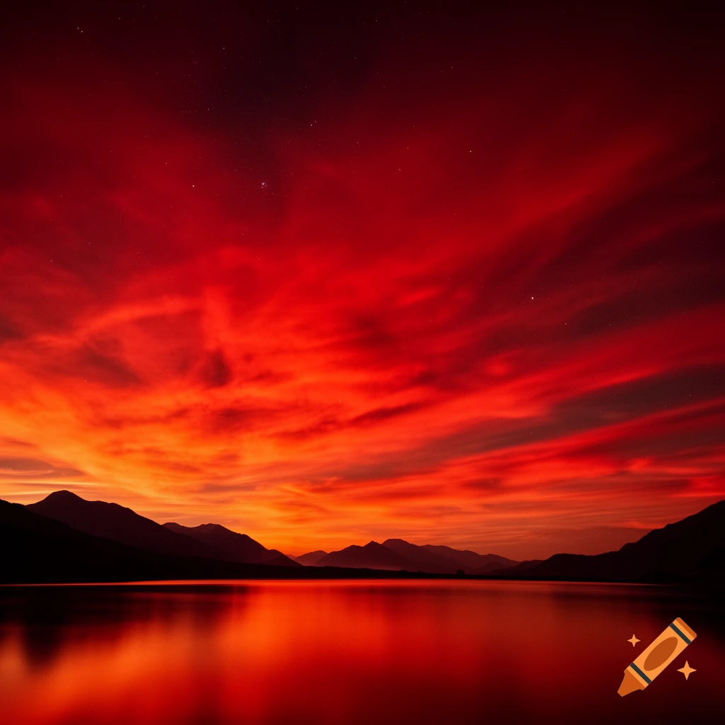 A vibrant red and orange sunset over dark mountains reflected in a calm ...
