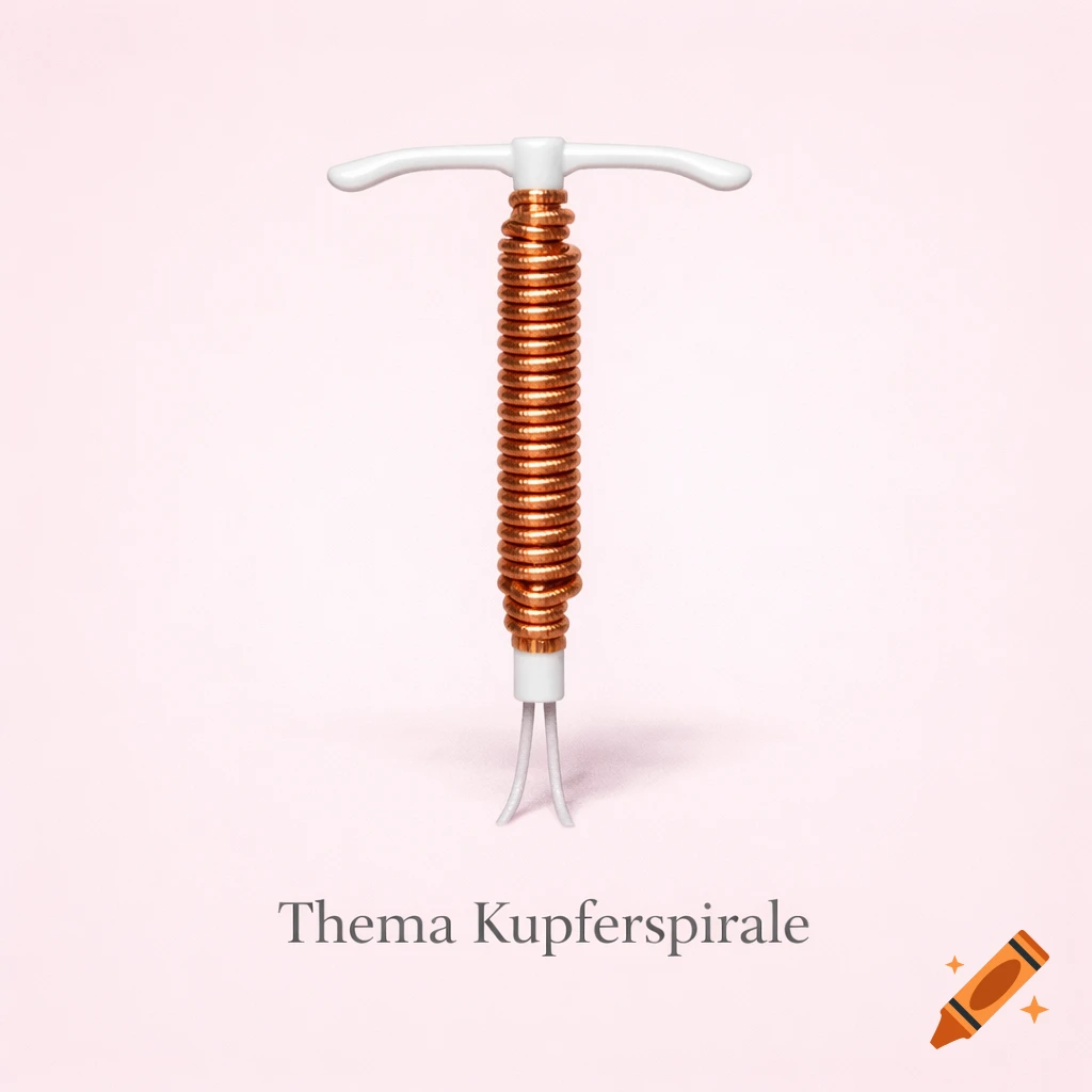 A copper IUD medical device with a coiled copper stem on a light pink background, with 'Thema Kupferspirale' text.
