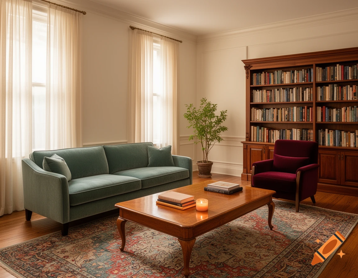 A cozy living room with a green velvet sofa, a red armchair, a wooden coffee table with books and a candle, and a large wooden bookshelf filled with books.