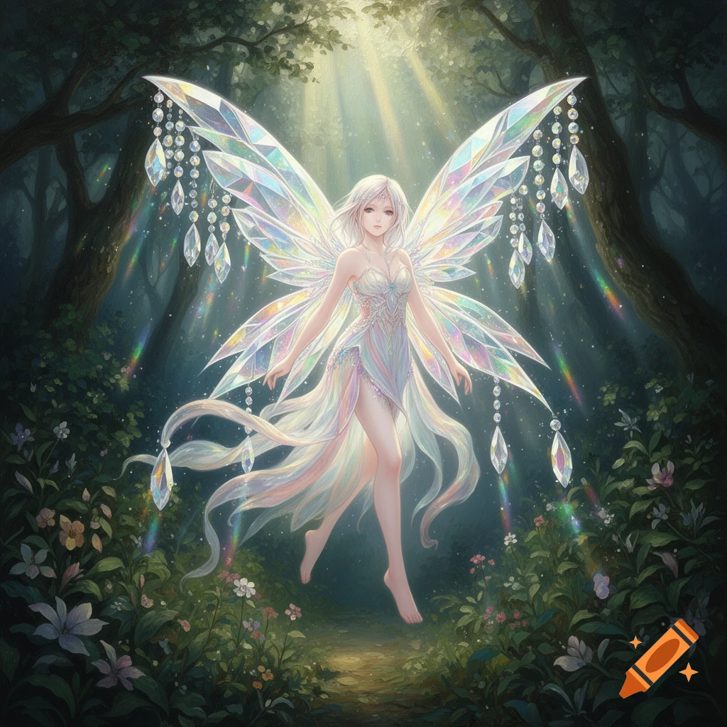 An anime-style fairy with large, multifaceted crystal wings and a flowing iridescent dress stands in a mystical forest with dramatic light filtering through the trees.