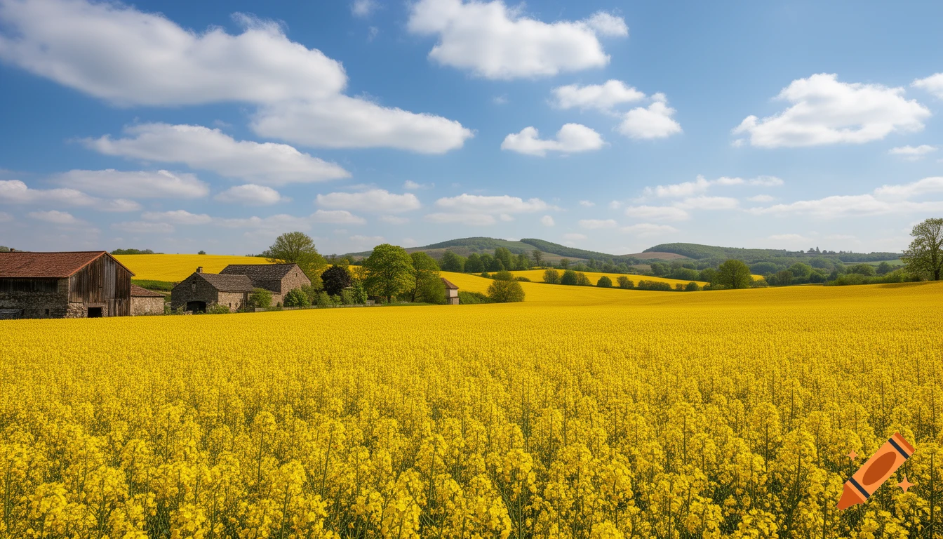 A vibrant golden rapeseed field stretching towards old farmhouses and green hills under a bright blue sky with white clouds.