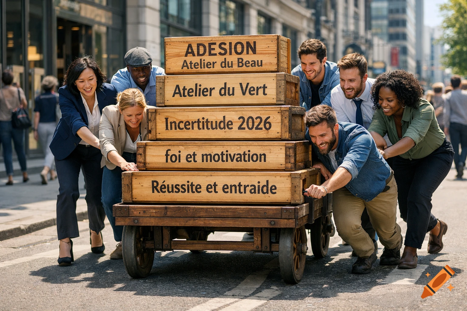 Diverse group of business professionals smiling while pushing a wooden cart loaded with labeled boxes down a city street, symbolizing teamwork.