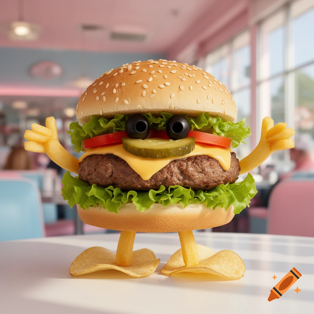 A friendly, anthropomorphic burger with olive eyes, a pickle mouth, french fry arms, and potato chip feet stands on a white table in a retro diner.