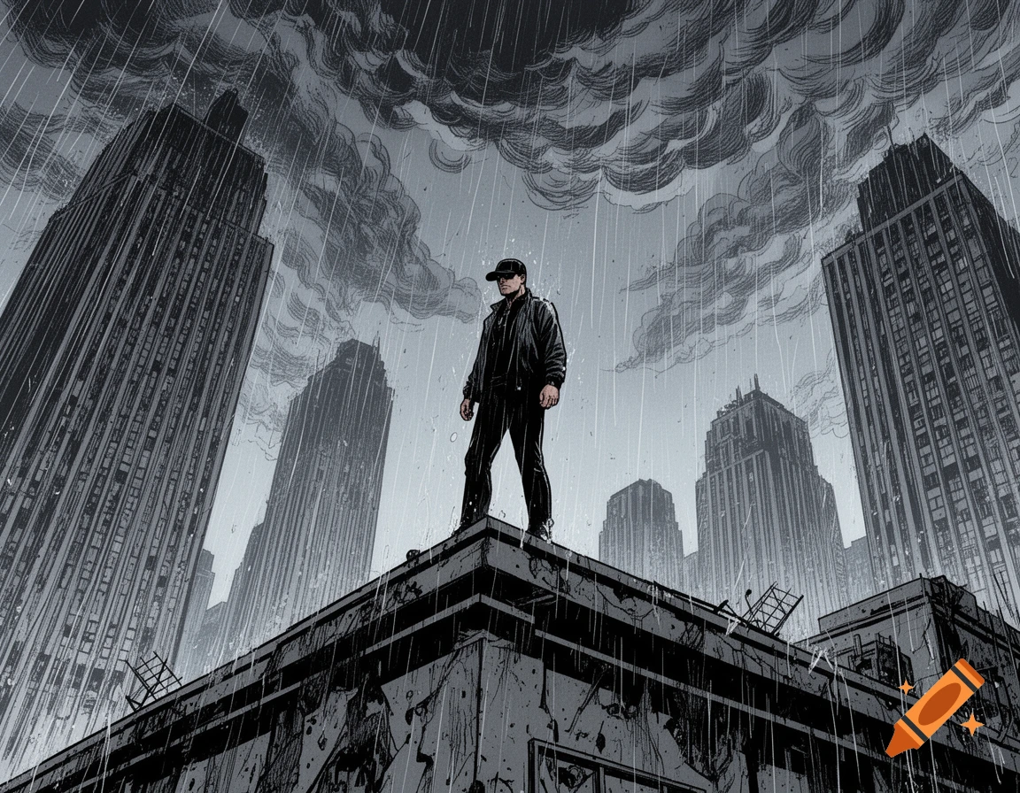 A man in a black cap and jacket stands on a building rooftop in a rainy, urban comic art style, surrounded by tall skyscrapers.