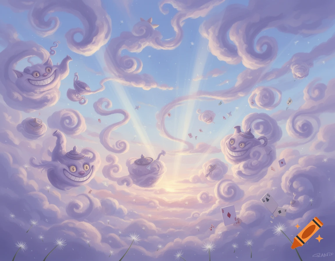 A whimsical sky with purple clouds shaped like the Cheshire Cat and teapots, with playing cards and dandelion seeds floating against a radiant sunset.