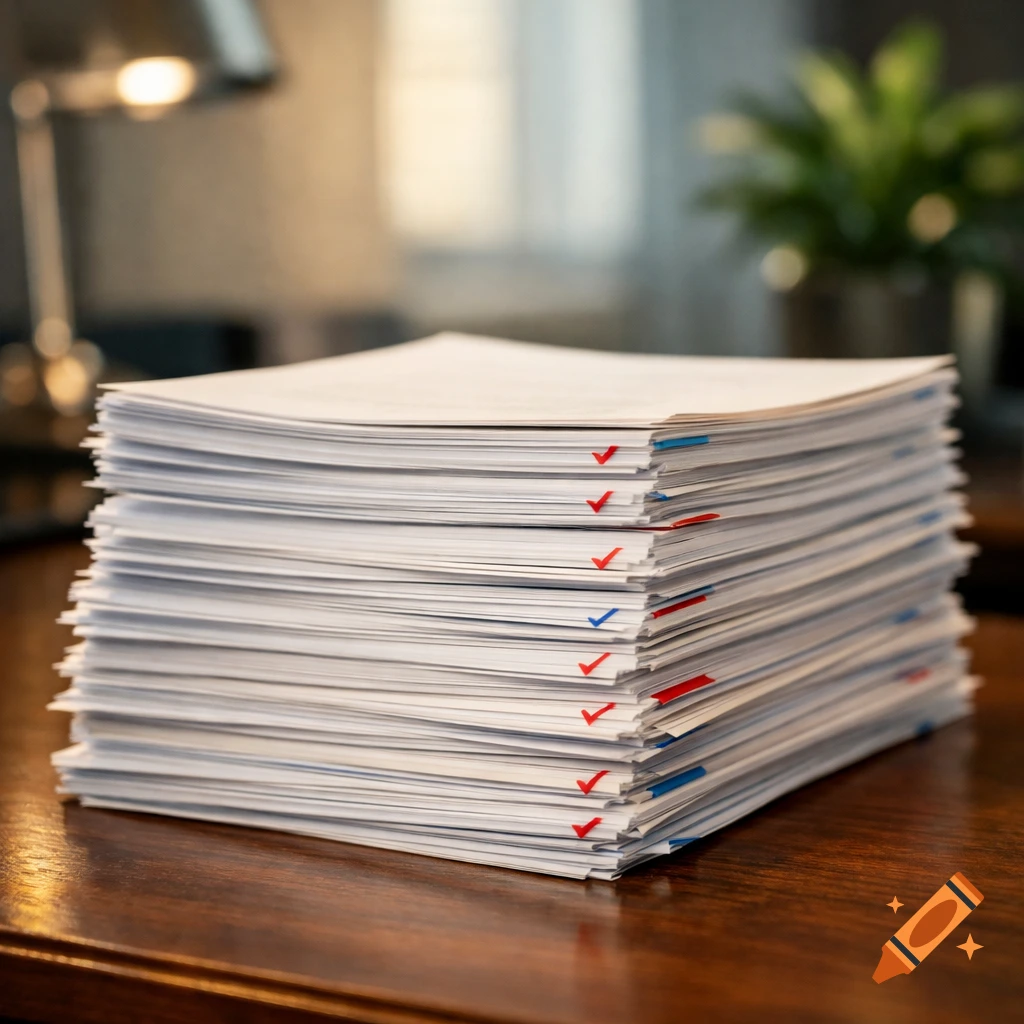 A tall stack of white documents with red and blue checkmarks rests on a wooden desk in a blurred office background.