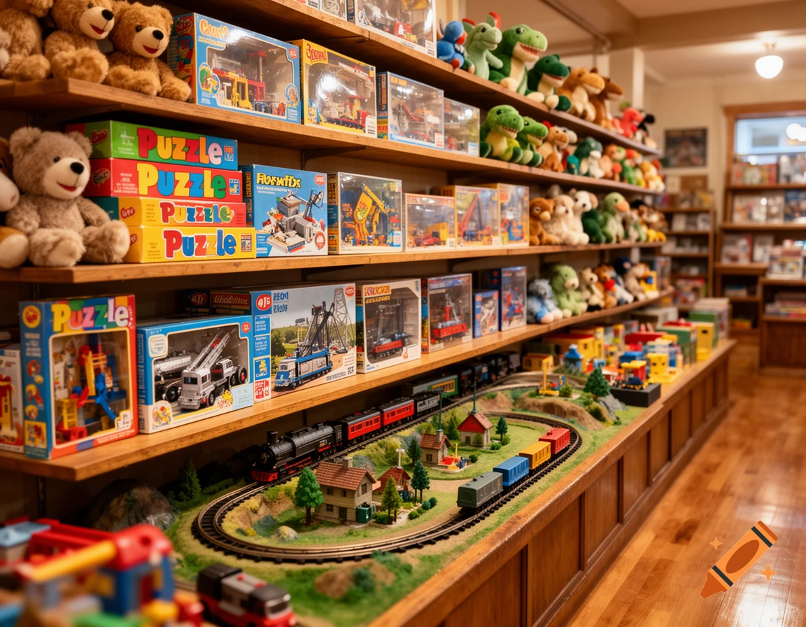 A charming toy store with wooden shelves filled with stuffed animals, boxed puzzles, and building kits, featuring a large model train set on display.