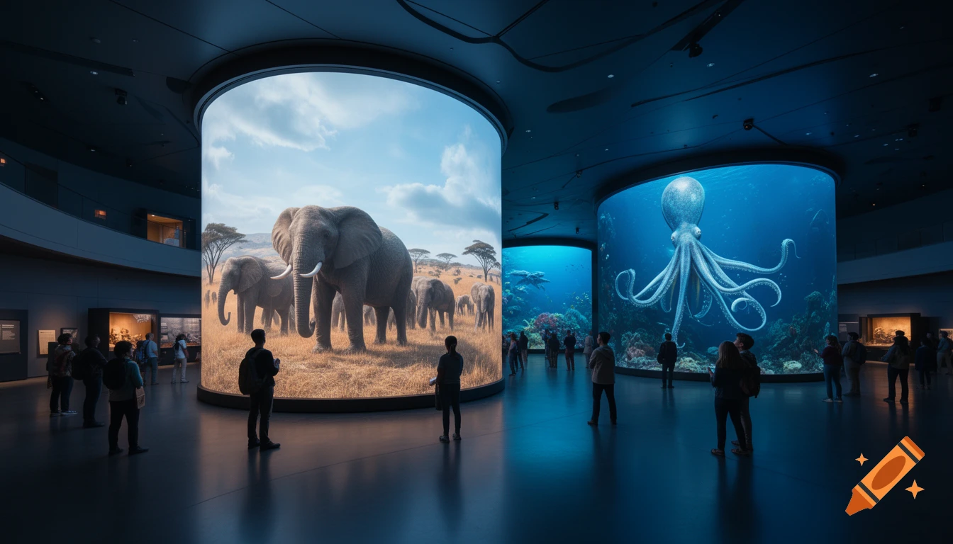 Visitors view large cylindrical displays in a futuristic museum, one showing elephants on a savanna, another a giant octopus underwater.