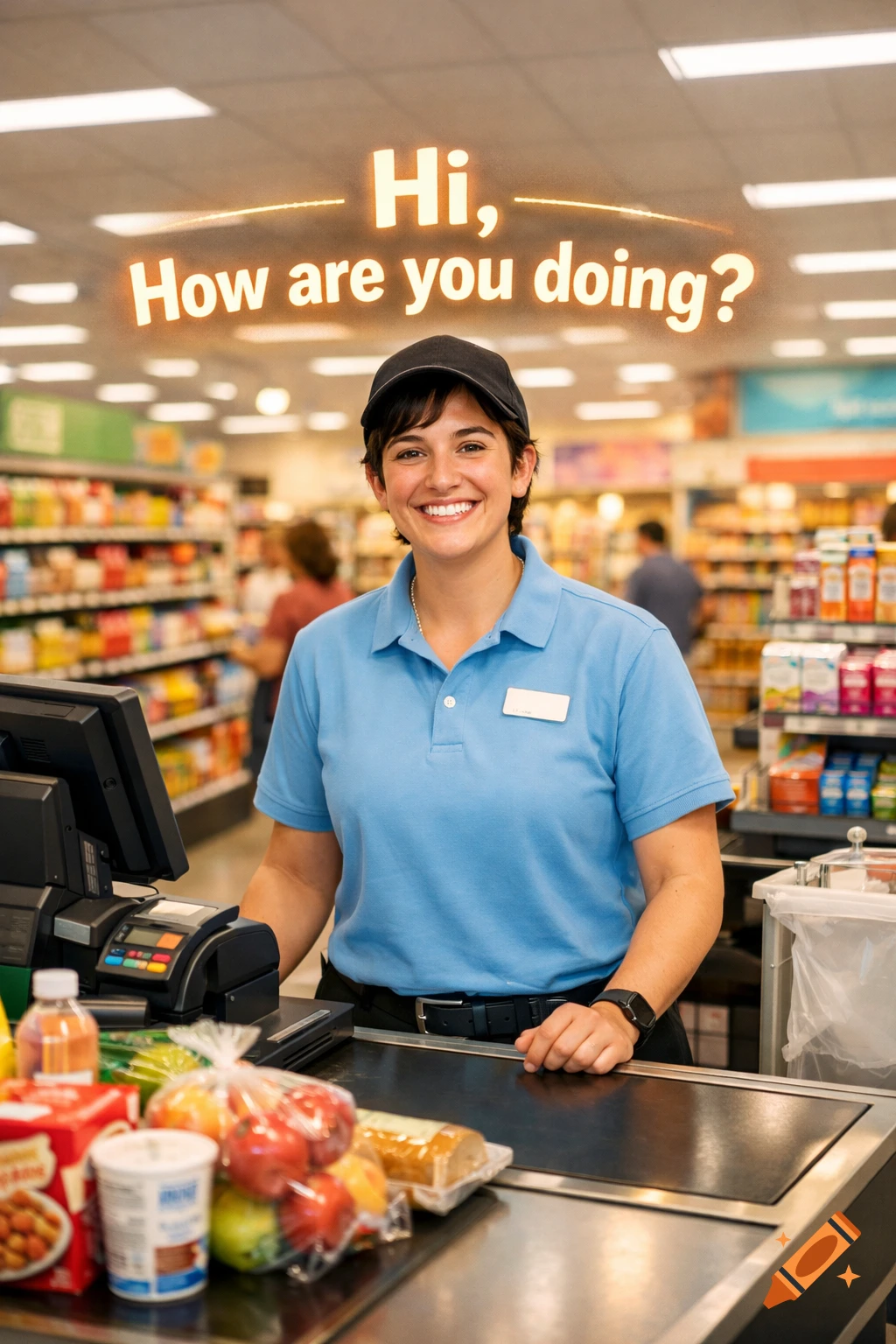 Smiling grocery cashier with "Hi, How are you doing?" text bubble above her at a checkout counter with groceries.